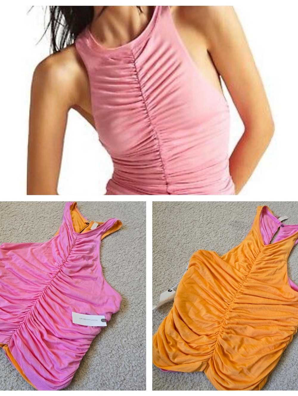 NWT Anthropologie Pilcro REVERSIBLE Ruched Pink Orange Sleeveless Top  Medium